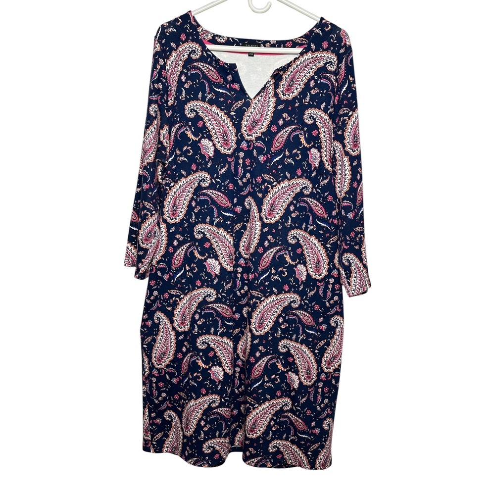Talbots Womens Navy Blue Pink Paisley Cotton Jersey Shift Dress Size XL
